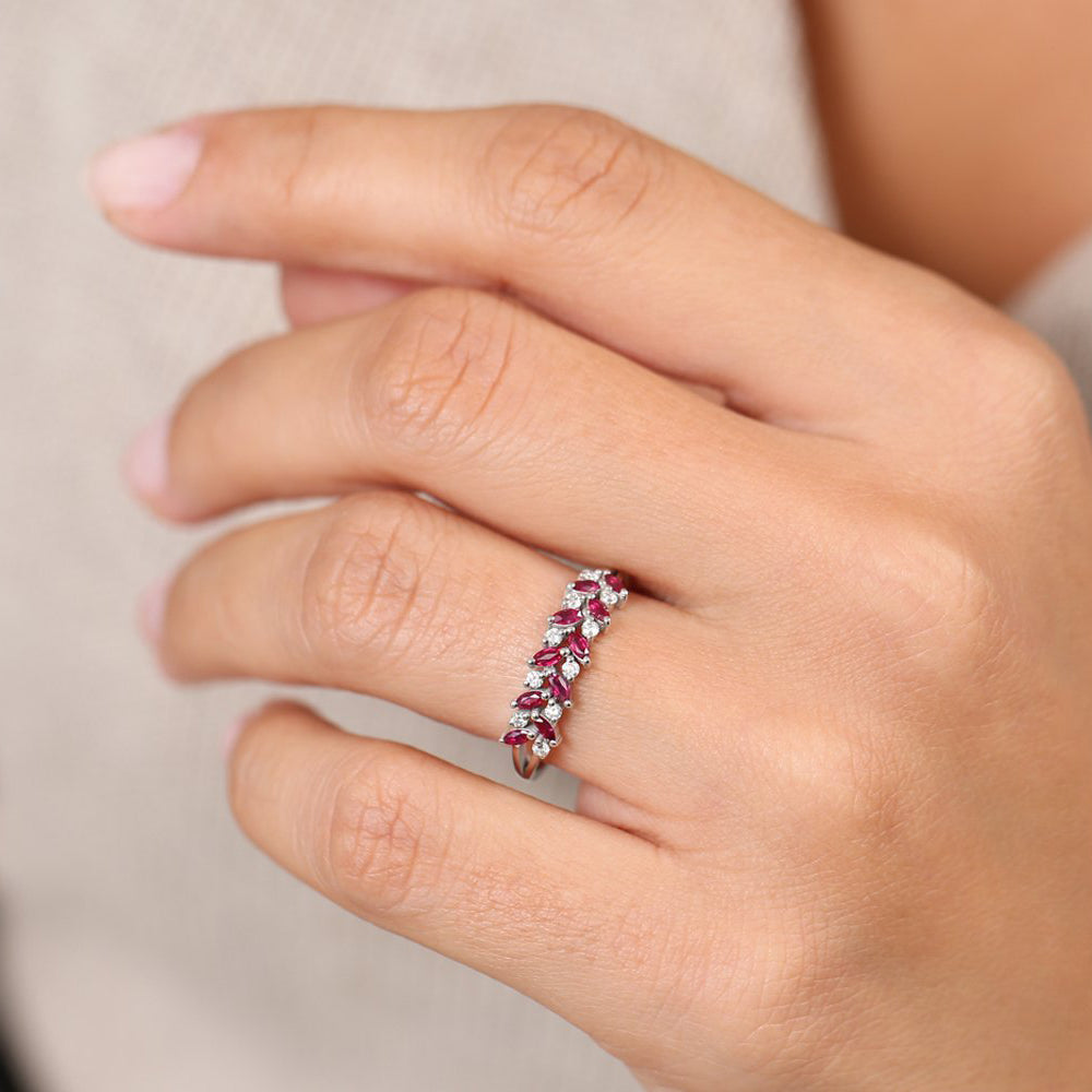 OBFJ1987 - 14k Two Rows Marquise Cut Natural Ruby  and Diamond Ring 3