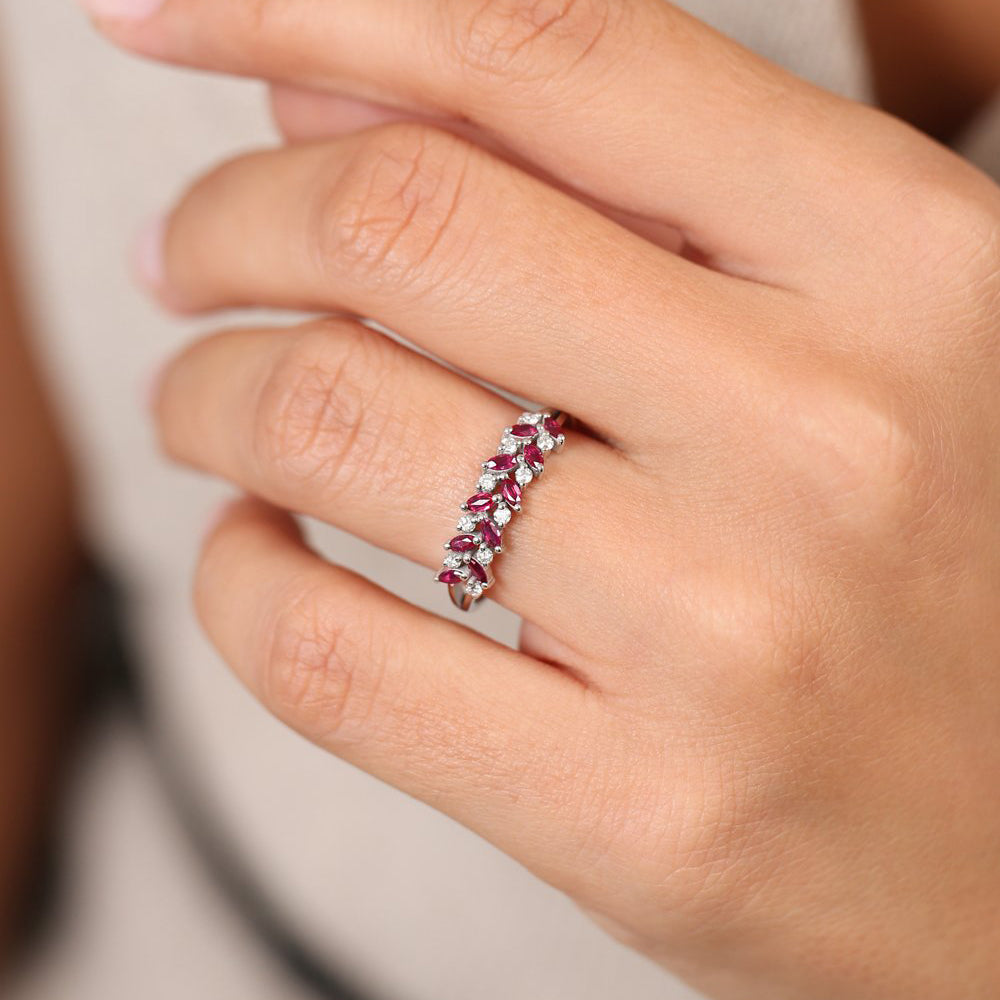 OBFJ1987 - 14k Two Rows Marquise Cut Natural Ruby  and Diamond Ring 4