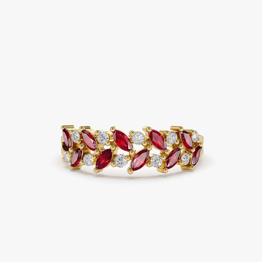OBFJ1987 - 14k Two Rows Marquise Cut Natural Ruby  and Diamond Ring 1