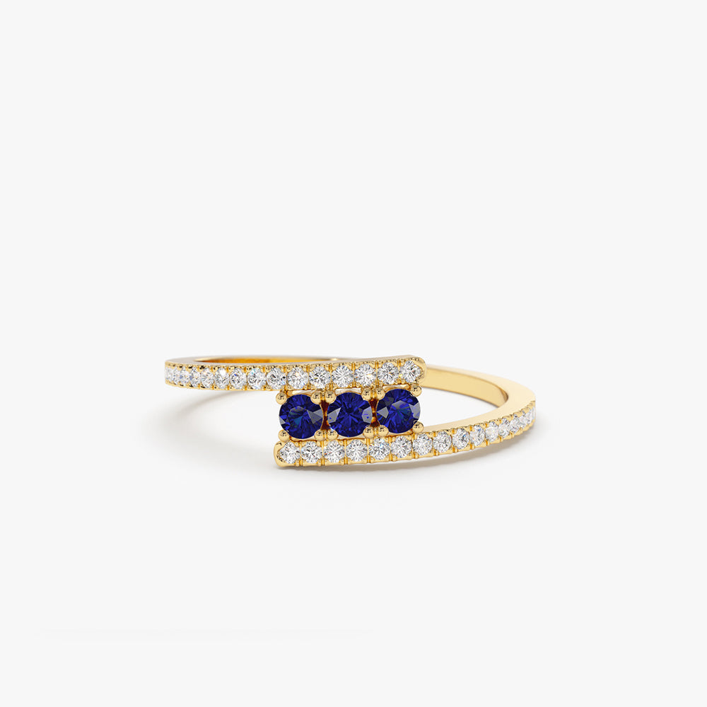 OBFJ2117 - 14k Cross Over Diamond Ring with Round Blue Sapphires 1