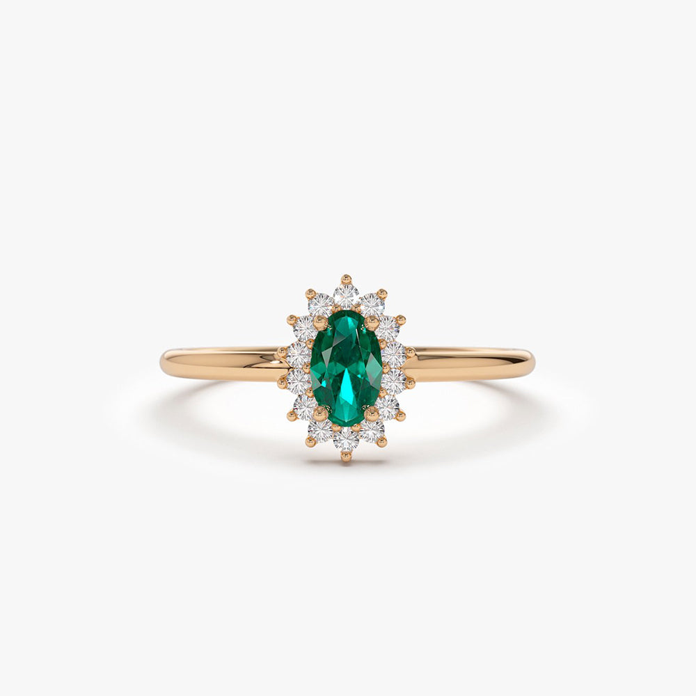 OBFJ2054 - Emerald Ring with Halo Diamonds ring in selectable metal and diamond options - Roselle Jewelry view 6