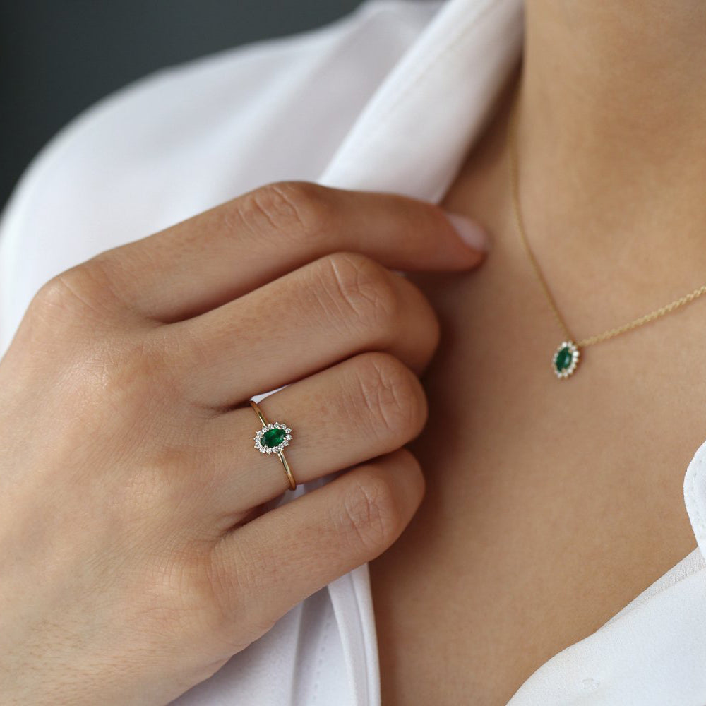 OBFJ2054 - Emerald Ring with Halo Diamonds ring in selectable metal and diamond options - Roselle Jewelry view 3