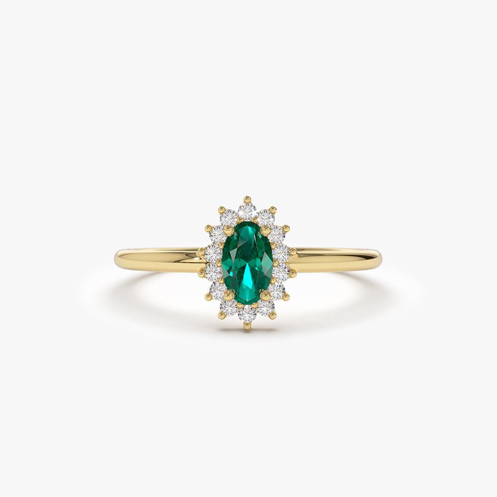 OBFJ2054 - Emerald Ring with Halo Diamonds ring in selectable metal and diamond options - Roselle Jewelry view 1