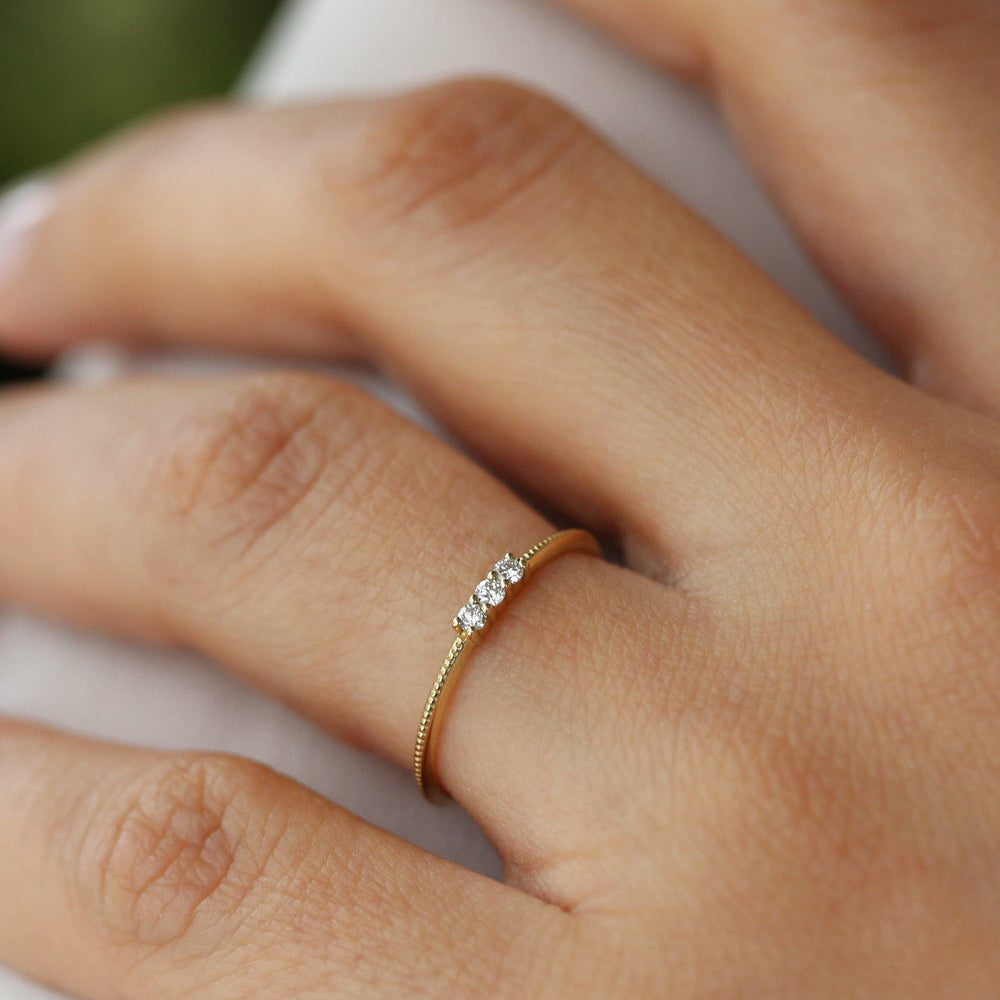 OBFJ2035 - 3 Stone Beaded Diamond Ring ring in selectable metal and diamond options - Roselle Jewelry view 2