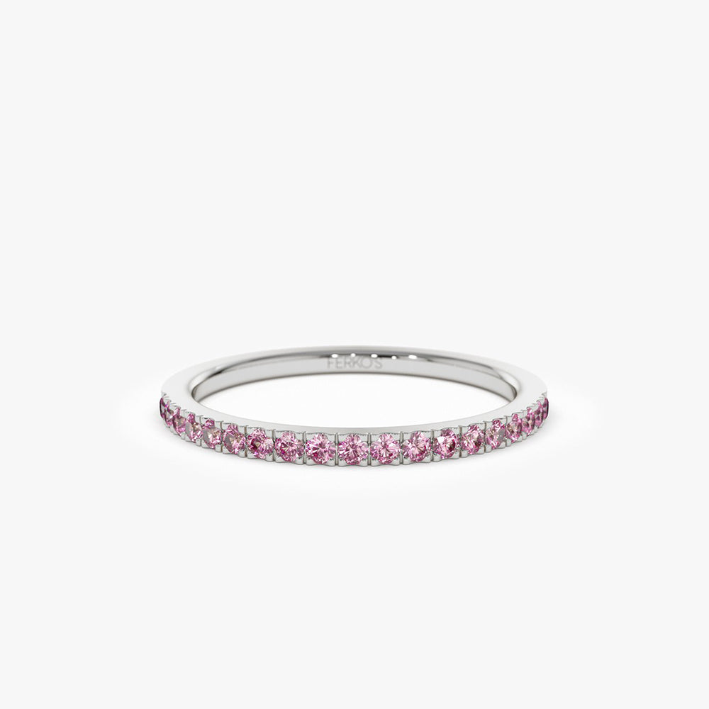 OBFJ2072 - Half Eternity Pink Sapphire Ring ring in selectable metal and diamond options - Roselle Jewelry view 6