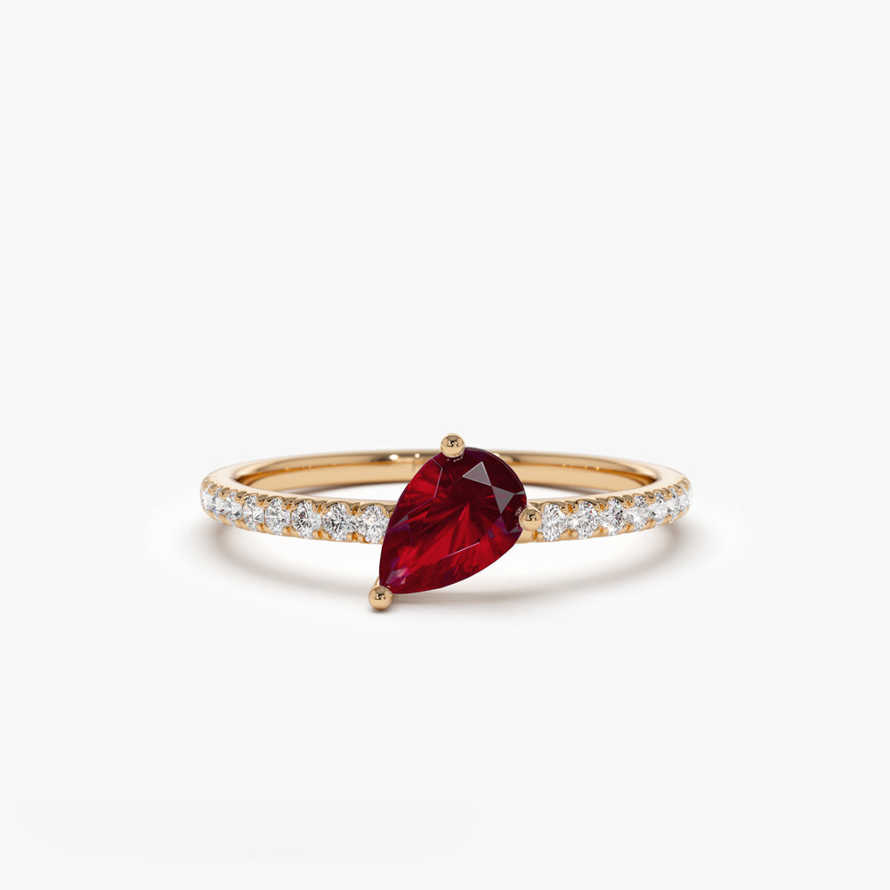 OBFJ2094 - 14k Slanted Pear Shape Ruby Ring with Pave Diamonds 7