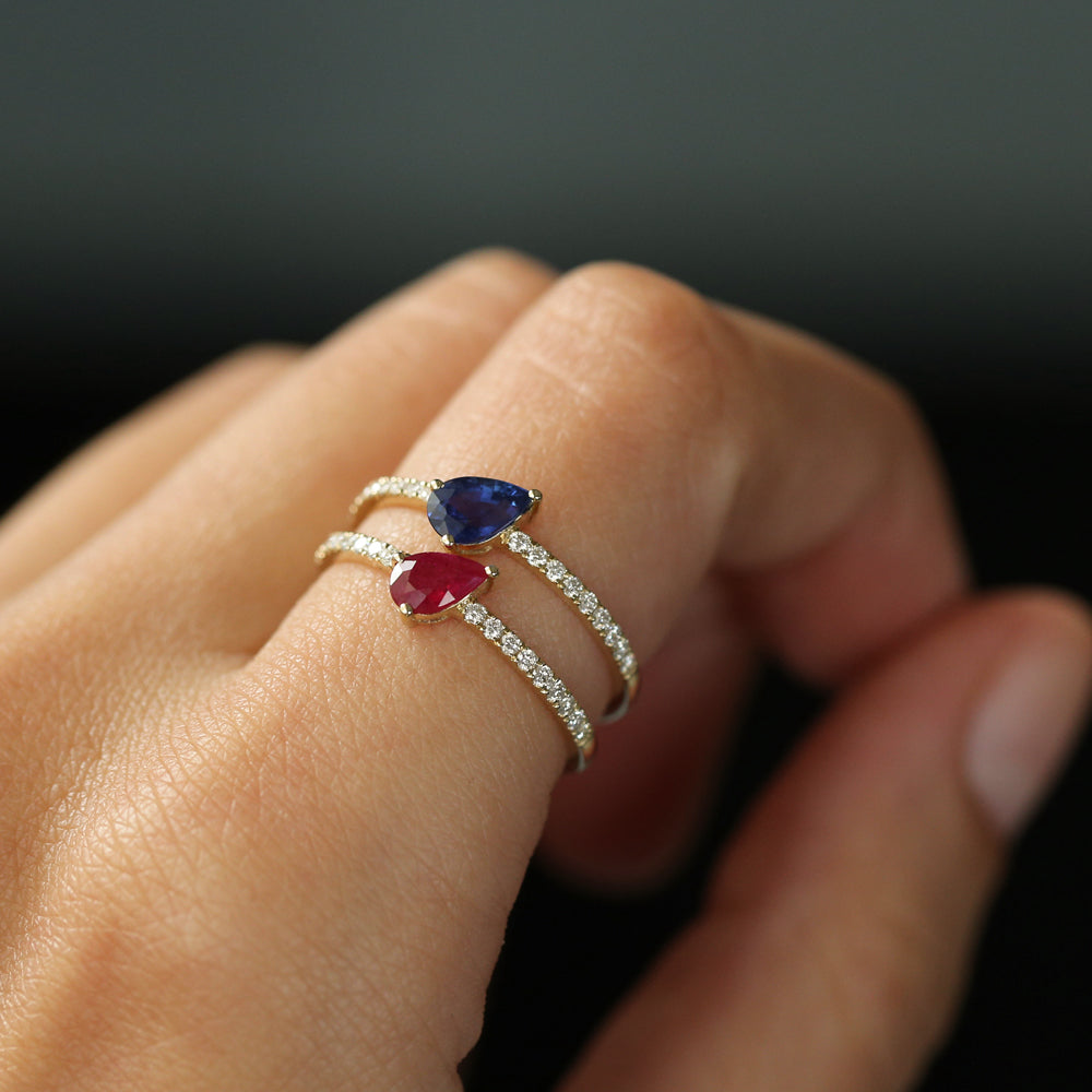 OBFJ2094 - 14k Slanted Pear Shape Ruby Ring with Pave Diamonds 3