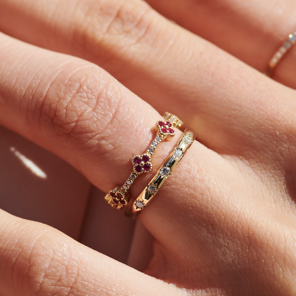 OBFJ2241 - Full Eternity Clover Ruby and Diamond Ring in ring in selectable metal and diamond options - Roselle Jewelry view 2