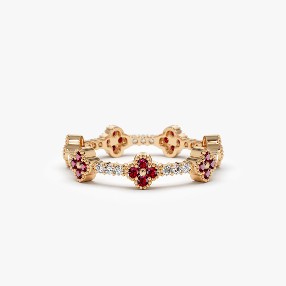 OBFJ2241 - Full Eternity Clover Ruby and Diamond Ring in ring in selectable metal and diamond options - Roselle Jewelry view 7