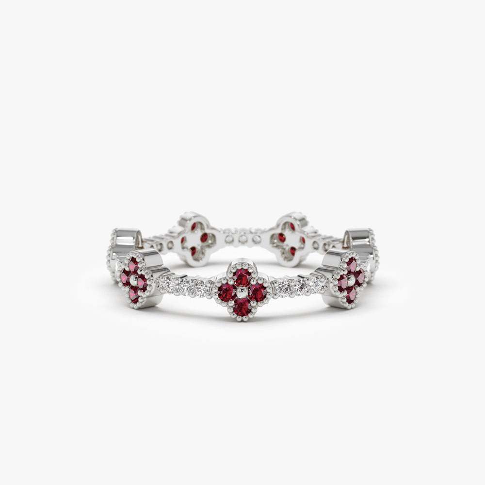 OBFJ2241 - Full Eternity Clover Ruby and Diamond Ring in ring in selectable metal and diamond options - Roselle Jewelry view 8