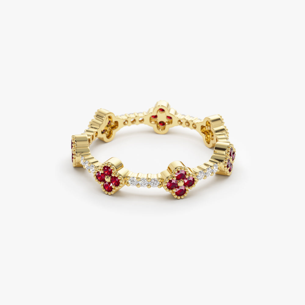 OBFJ2241 - Full Eternity Clover Ruby and Diamond Ring in ring in selectable metal and diamond options - Roselle Jewelry view 9