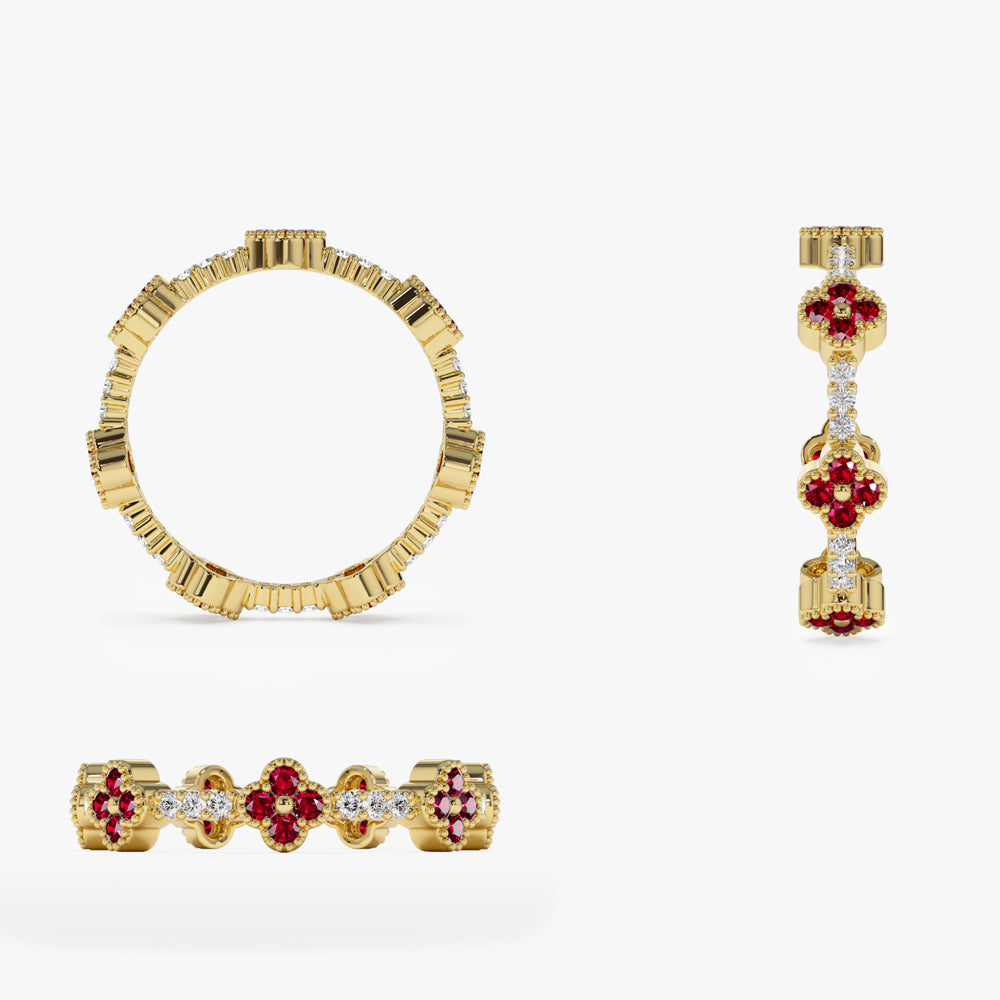 OBFJ2241 - Full Eternity Clover Ruby and Diamond Ring in ring in selectable metal and diamond options - Roselle Jewelry view 10