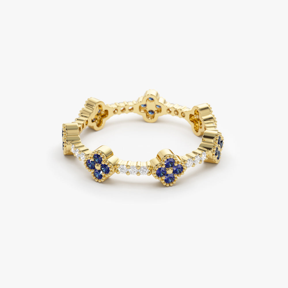 OBFJ1541 - 14k Full Eternity Clover Sapphire and Diamond Ring 7