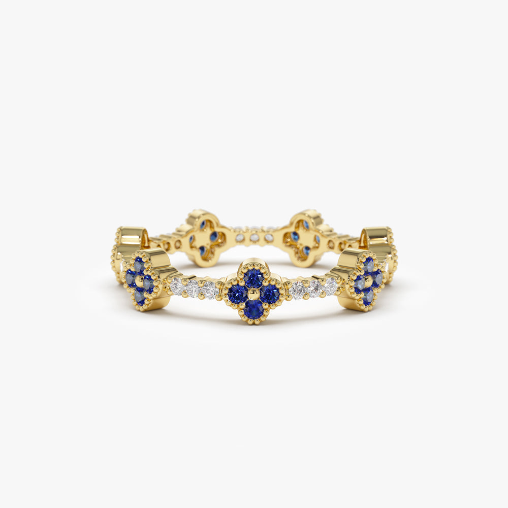 OBFJ1541 - 14k Full Eternity Clover Sapphire and Diamond Ring 1