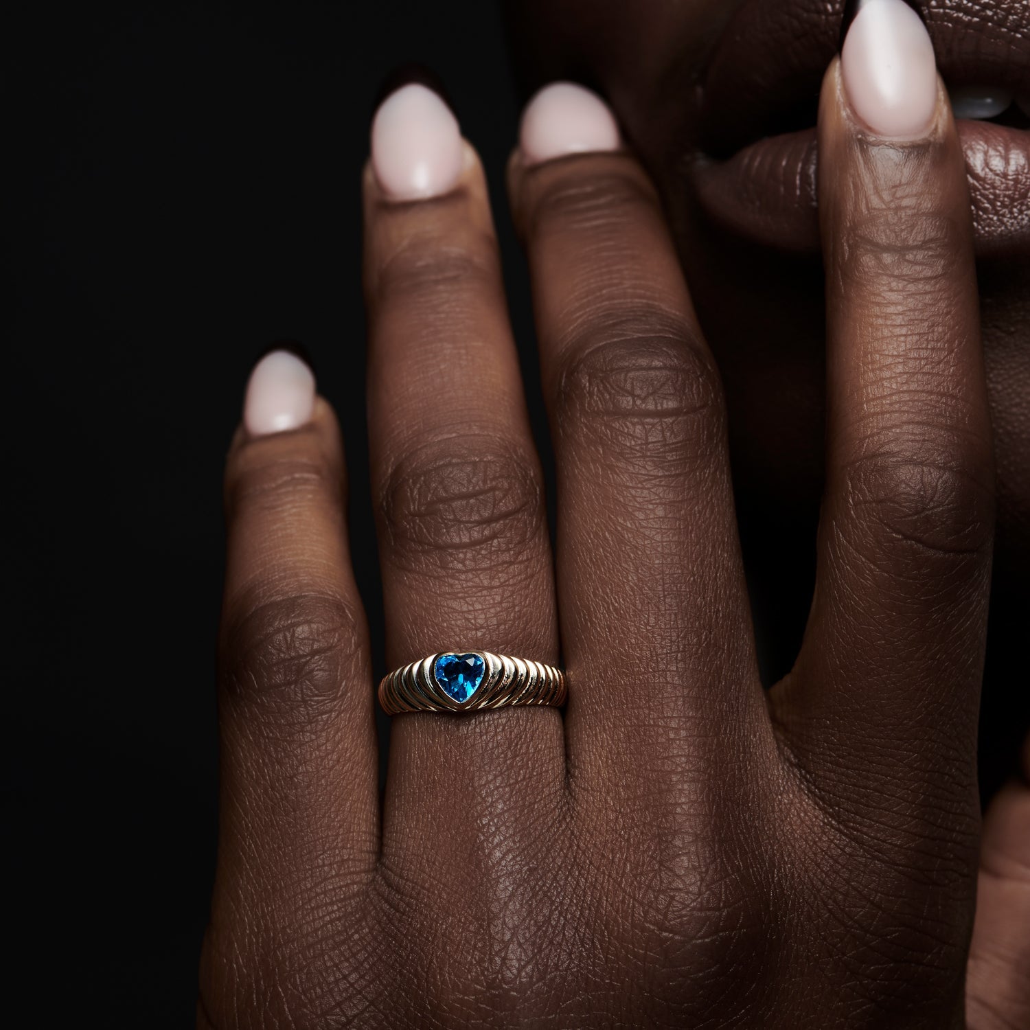 OBFJ1425 - Heart Shape Blue Topaz Beveled Ring ring in selectable metal and diamond options - Roselle Jewelry view 2