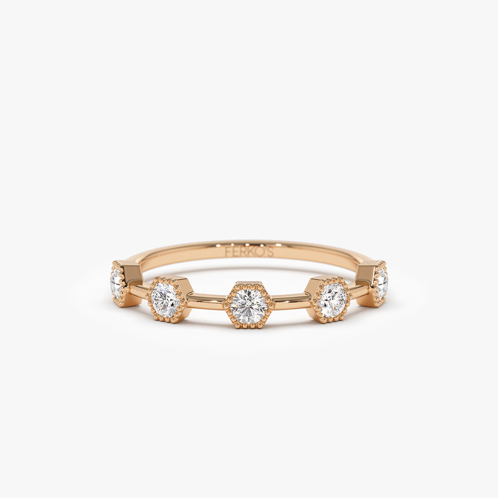 OBFJ1491 - Hexagon Milgrain Setting Five Stone Diamond Ring ring in selectable metal and diamond options - Roselle Jewelry view 5