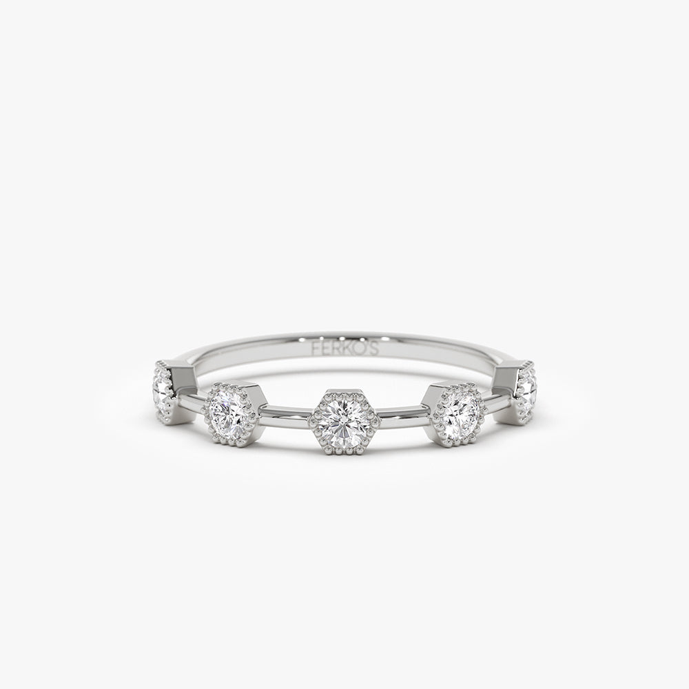 OBFJ1491 - Hexagon Milgrain Setting Five Stone Diamond Ring ring in selectable metal and diamond options - Roselle Jewelry view 6