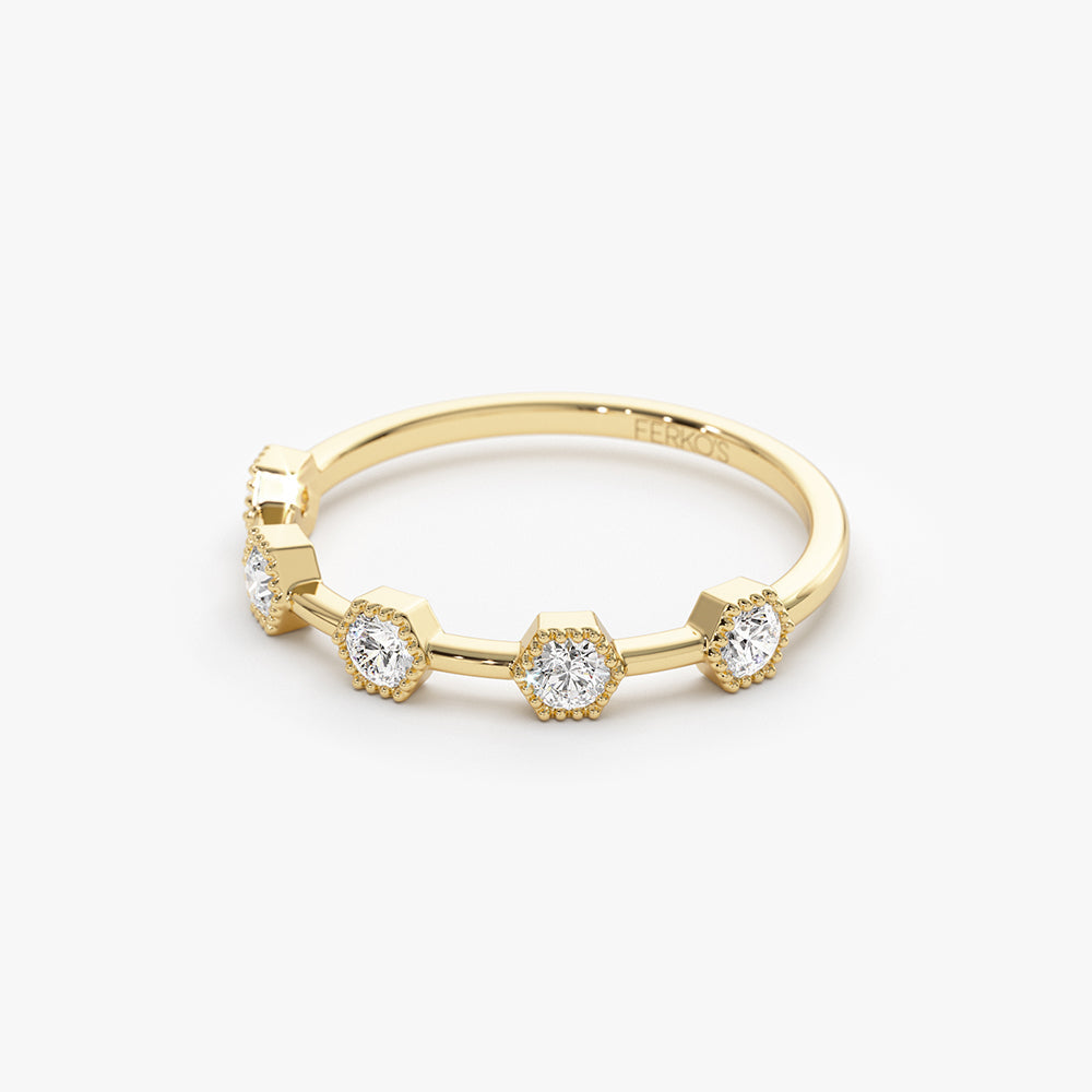 OBFJ1491 - Hexagon Milgrain Setting Five Stone Diamond Ring ring in selectable metal and diamond options - Roselle Jewelry view 7