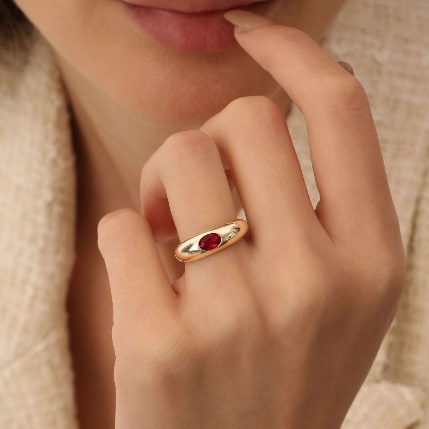 OBFJ1431 - 14k Flush Set Oval Ruby Dome Ring 2