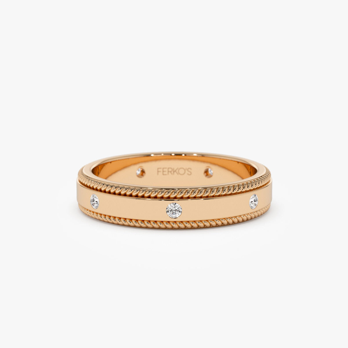 OBFJ1276 - 4MM Flat Milgrain Edge Diamond Wedding Band ring in selectable metal and diamond options - Roselle Jewelry view 4