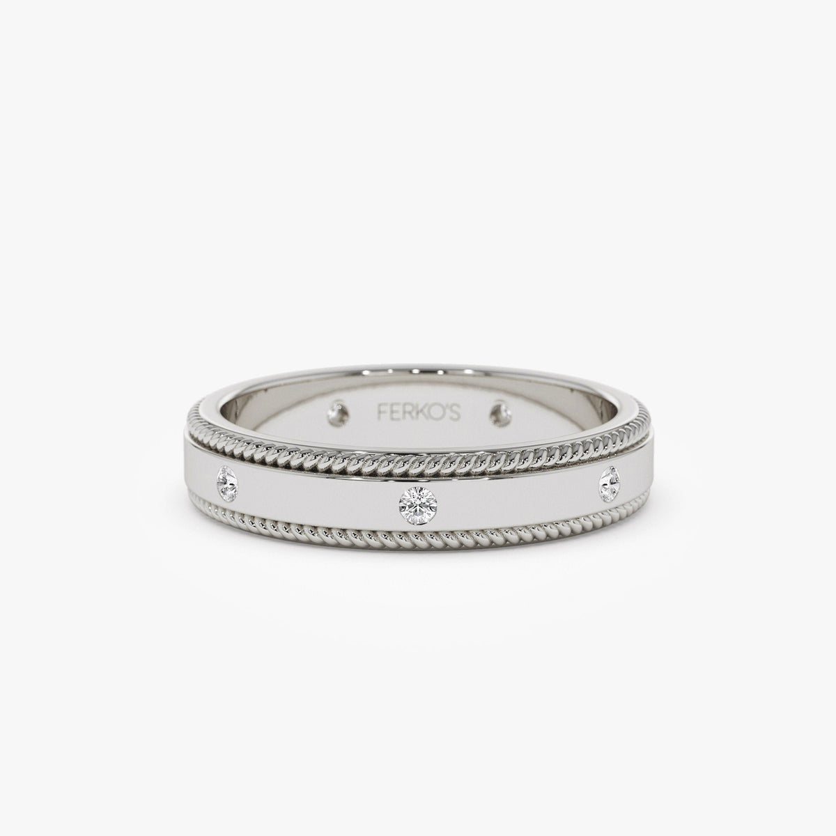 OBFJ1276 - 4MM Flat Milgrain Edge Diamond Wedding Band ring in selectable metal and diamond options - Roselle Jewelry view 5