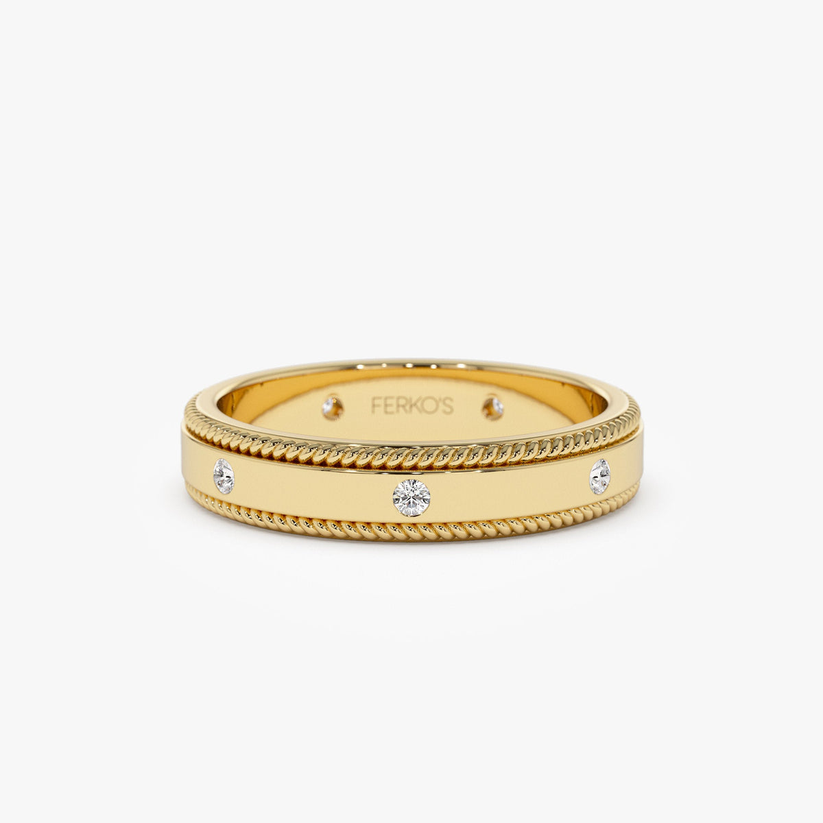 OBFJ1276 - 4MM Flat Milgrain Edge Diamond Wedding Band ring in selectable metal and diamond options - Roselle Jewelry view 1