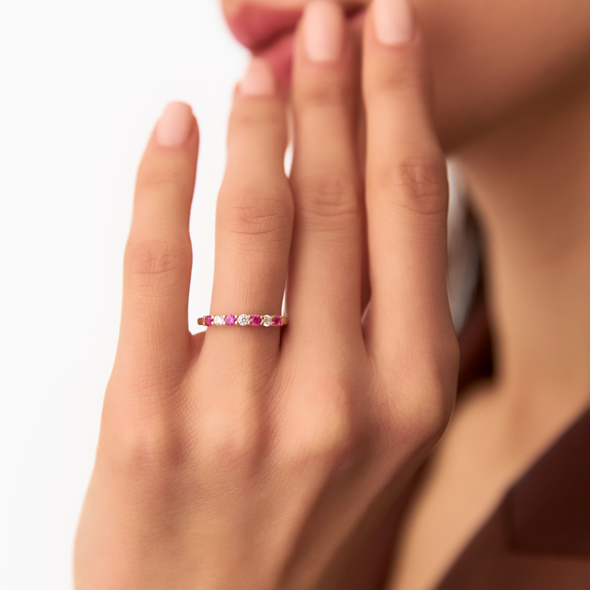 OBFJ1147 - 14k 7 Stone Basket Setting Diamond and Ruby Wedding Ring 5