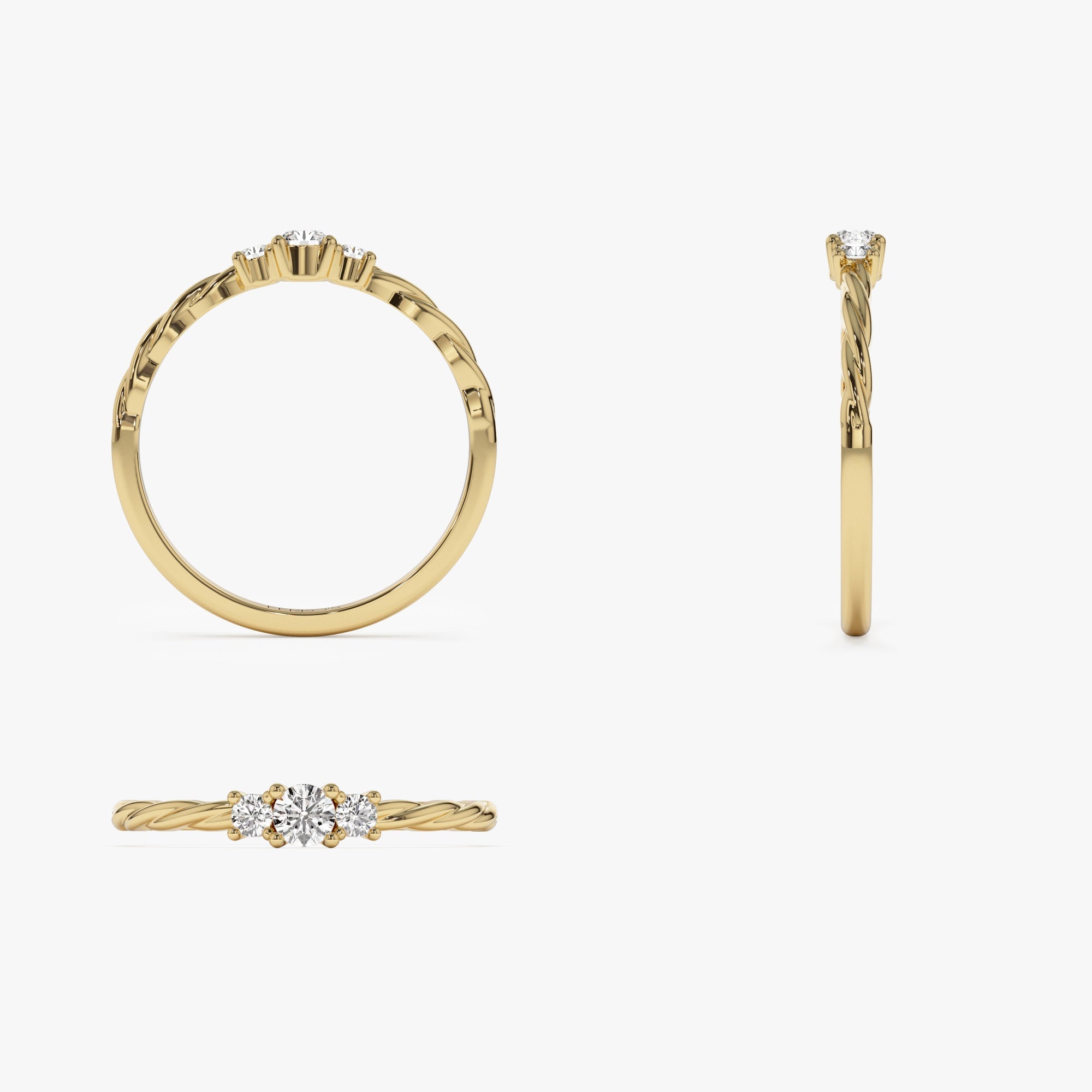 OBFJ1141 - 14k Gold Three Stone Dainty Diamond Twisted Ring 8