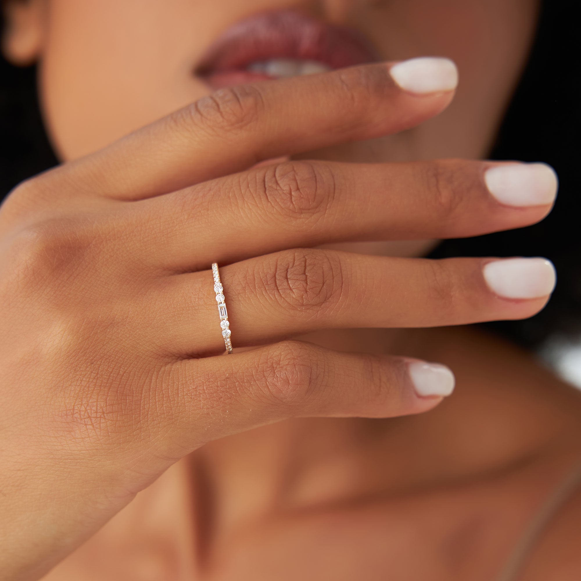 OBFJ0963 - Baguette and Round Diamond Dainty Stackable Ring ring in selectable metal and diamond options - Roselle Jewelry view 5