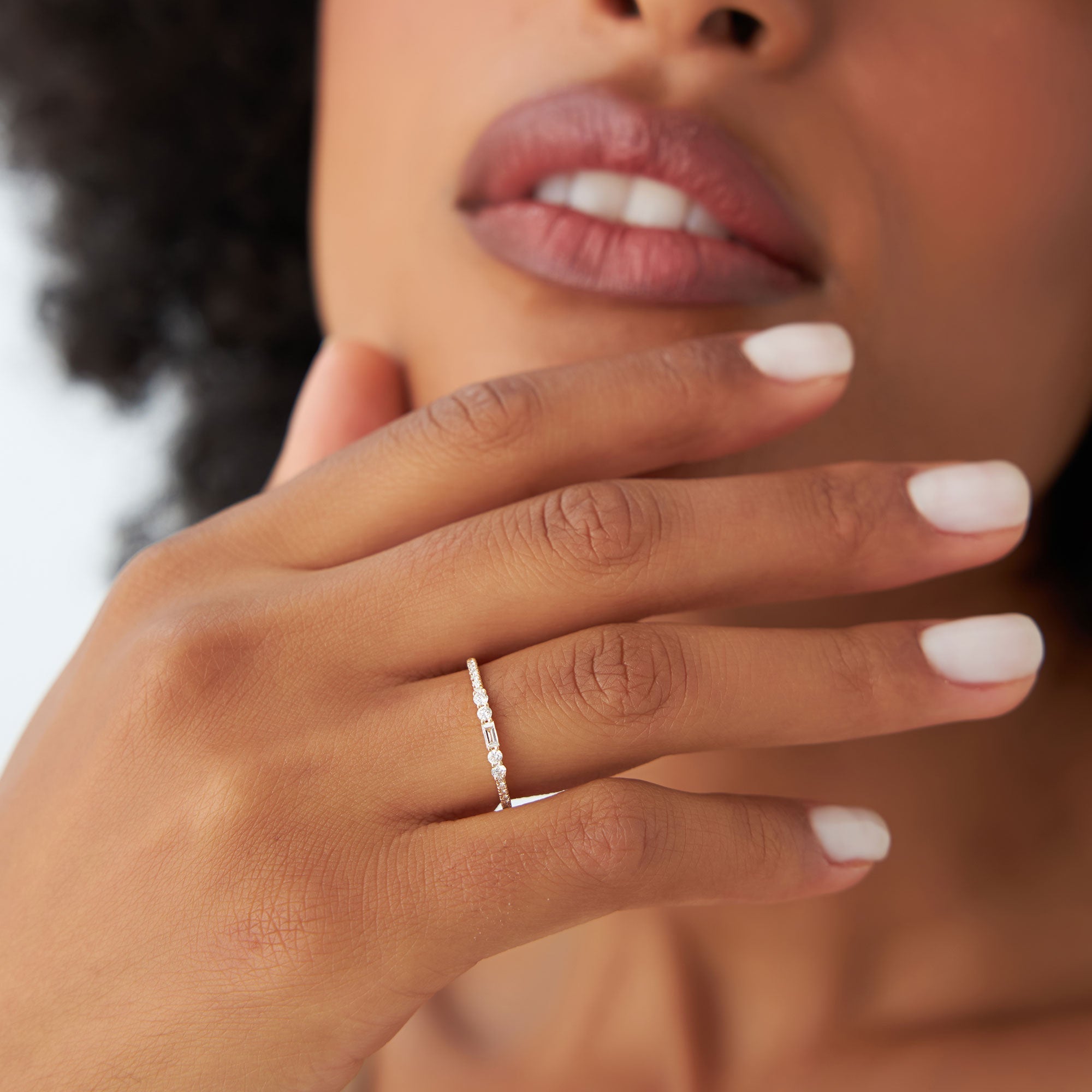 OBFJ0963 - Baguette and Round Diamond Dainty Stackable Ring ring in selectable metal and diamond options - Roselle Jewelry view 2