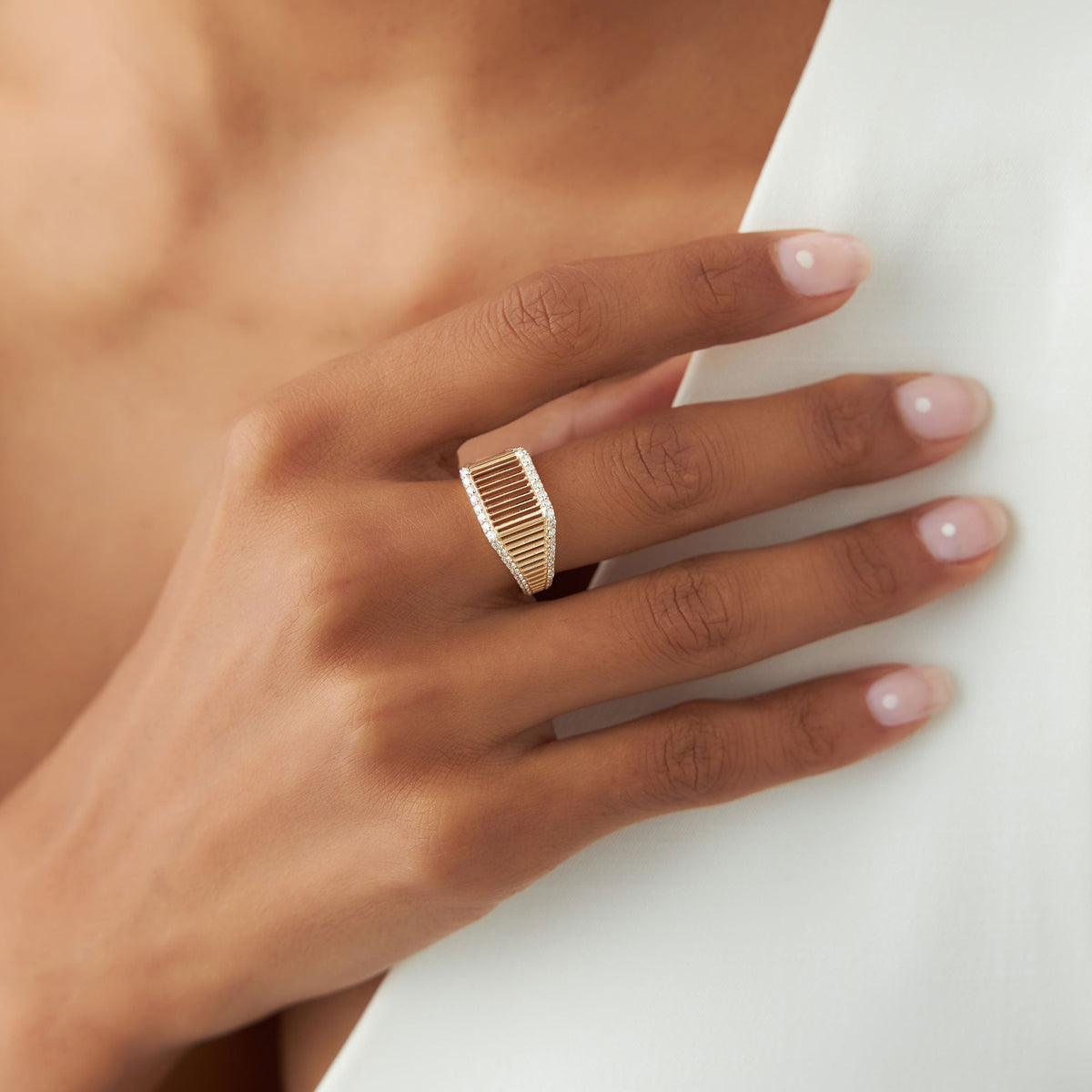 OBFJ1325 - Ribbed Unique Design Diamond Signet Ring ring in selectable metal and diamond options - Roselle Jewelry view 3