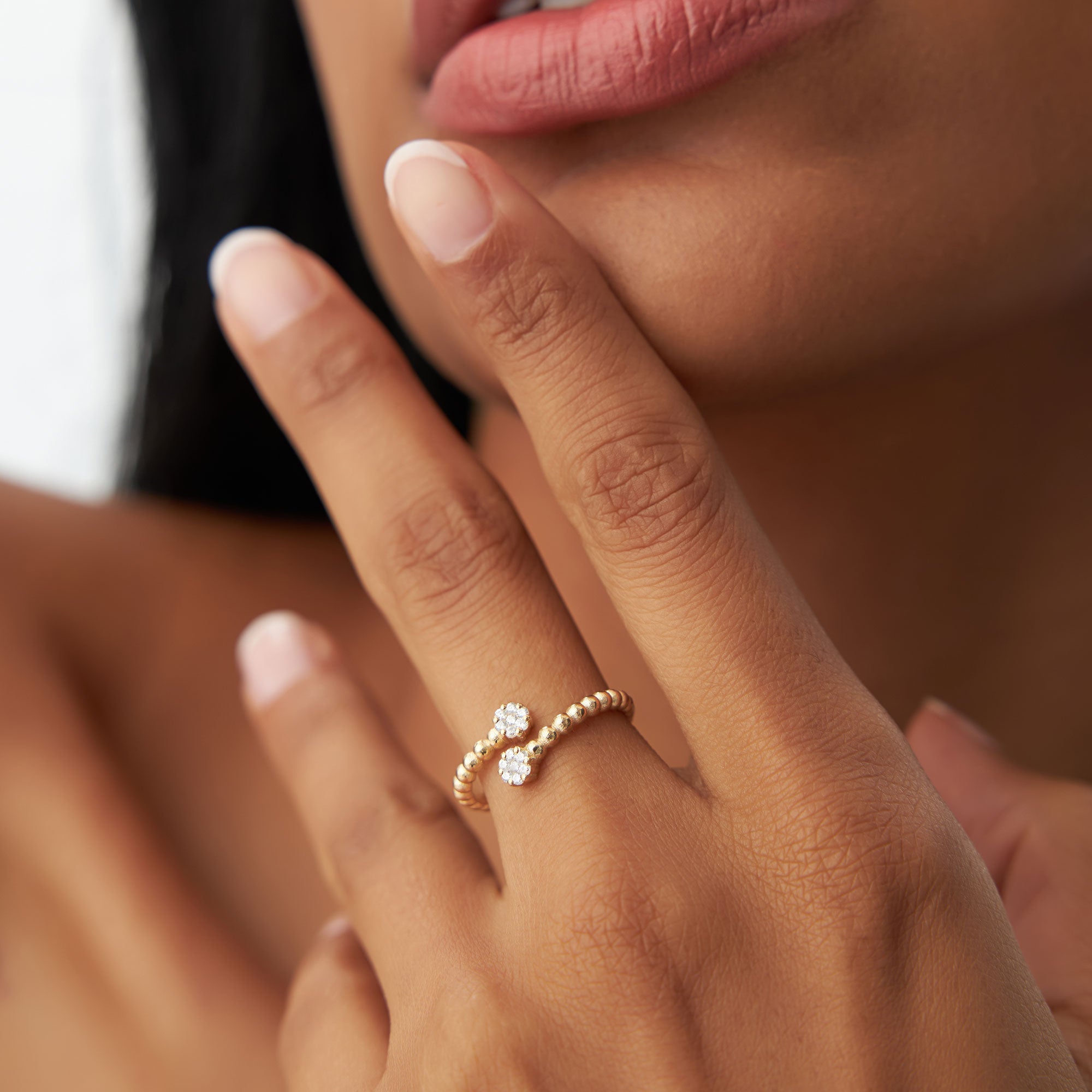 OBFJ1228 - Beaded Open Bypass Diamond Illusion Ring ring in selectable metal and diamond options - Roselle Jewelry view 2