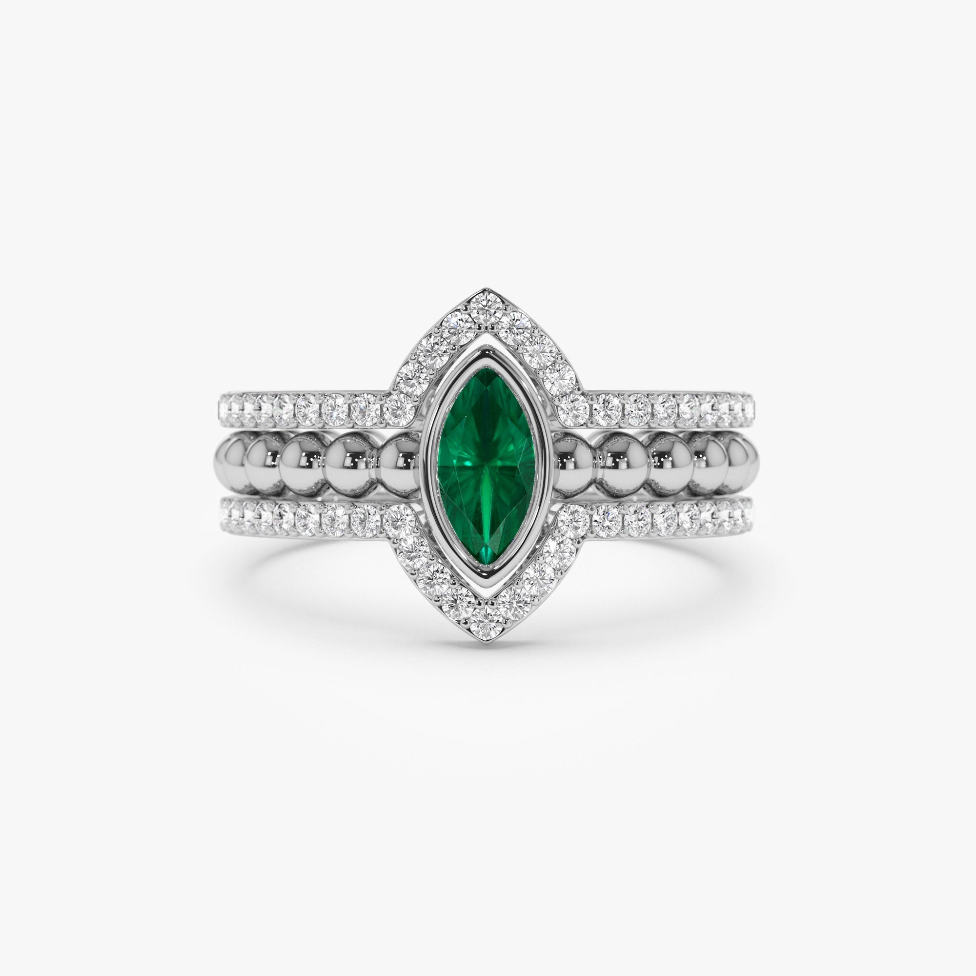 OBFJ1225 - 14k Marquise Shaped Emerald Ring with Nesting Diamond Bands 7