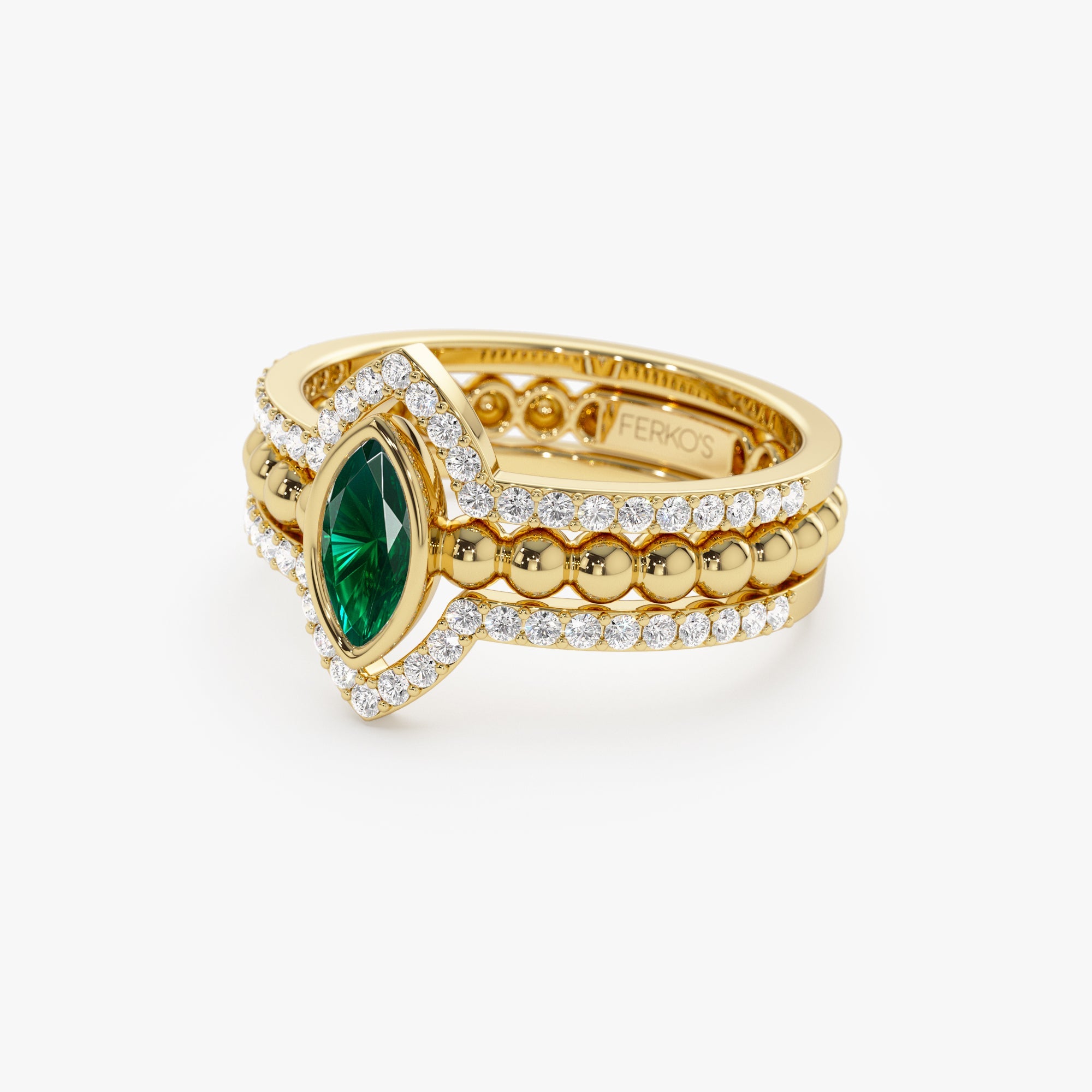 OBFJ1225 - 14k Marquise Shaped Emerald Ring with Nesting Diamond Bands 8