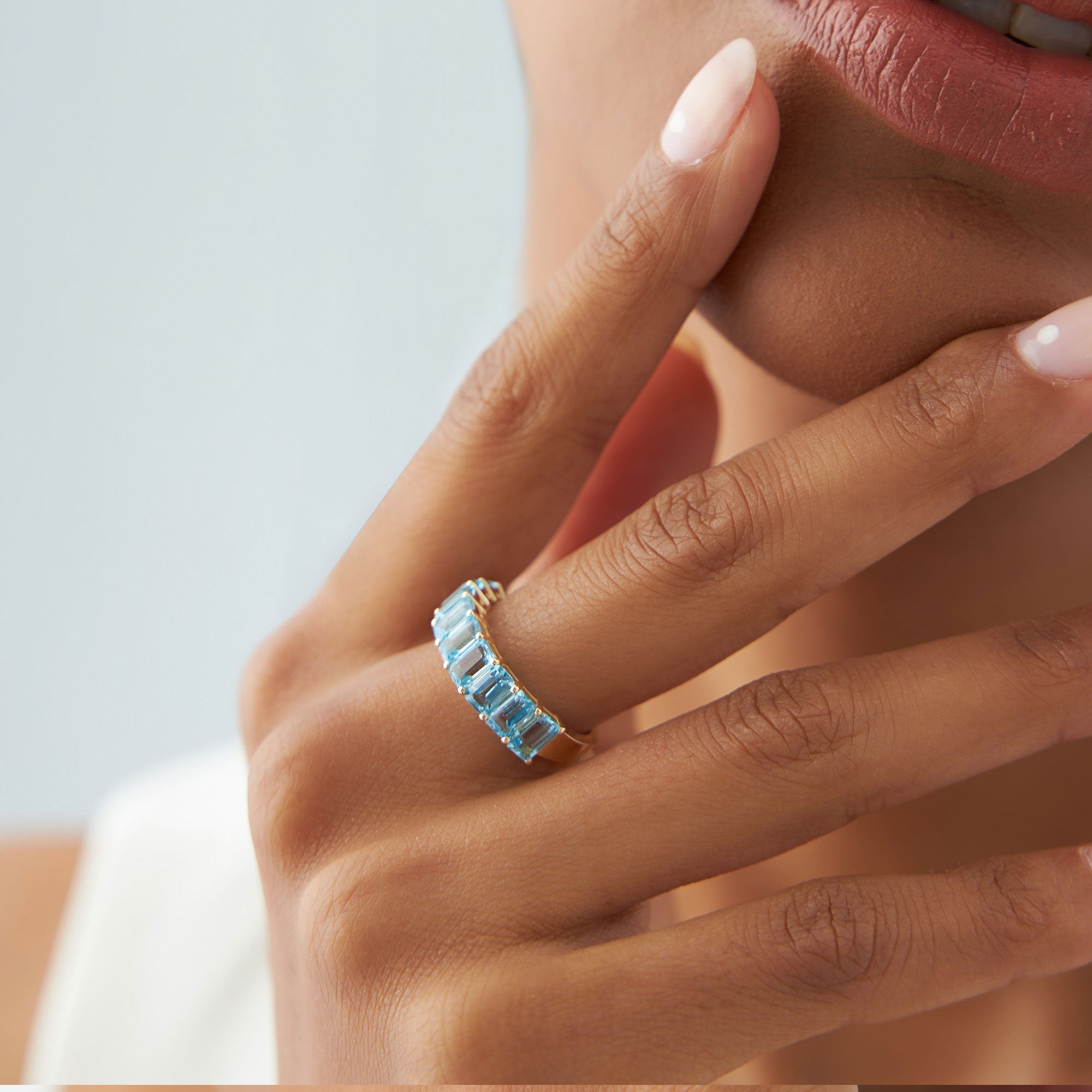 OBFJ1319 - 14k Emerald Cut Swiss Blue Topaz Nine Stone Ring 3.00ctw 4