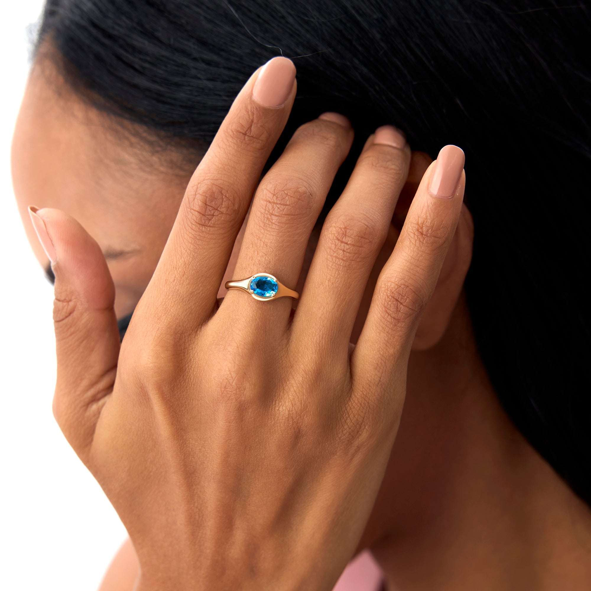 OBFJ0785 - Oval Shape Prong Setting London Blue Topaz Ring ring in selectable metal and diamond options - Roselle Jewelry view 3