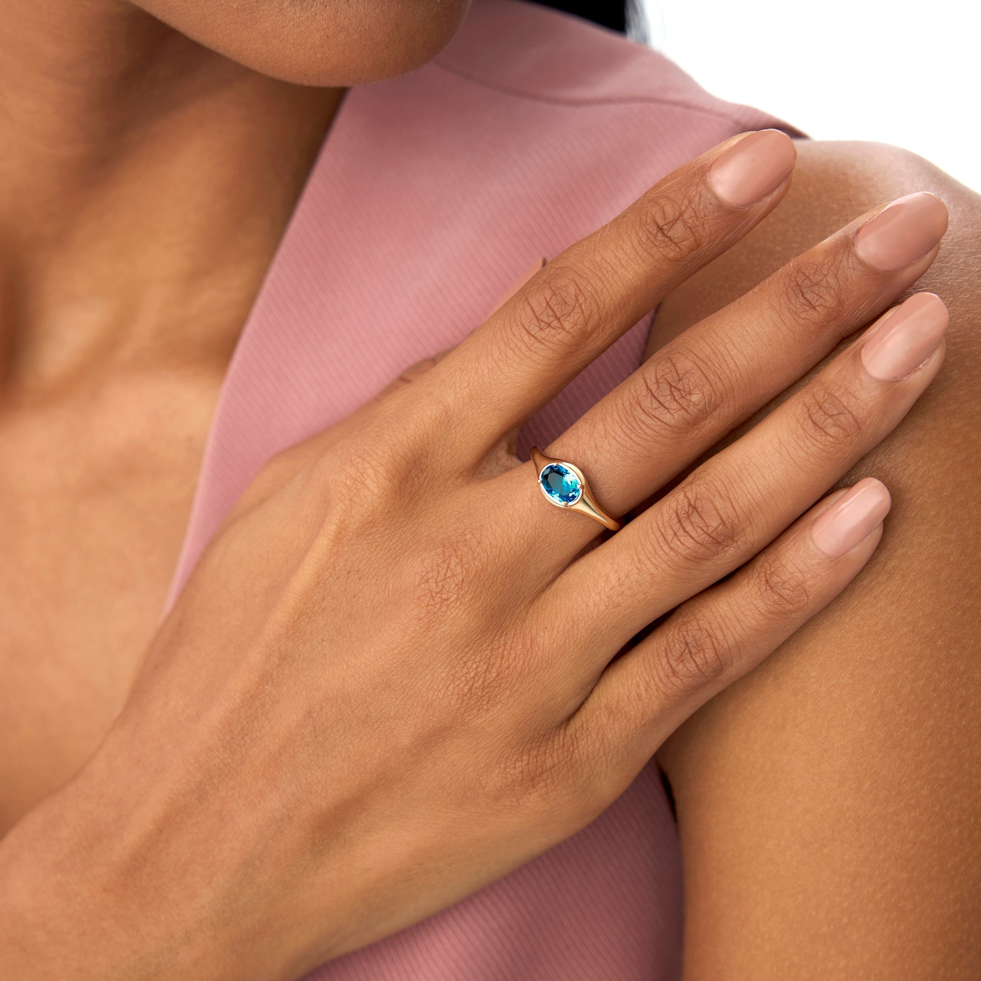 OBFJ0785 - Oval Shape Prong Setting London Blue Topaz Ring ring in selectable metal and diamond options - Roselle Jewelry view 4