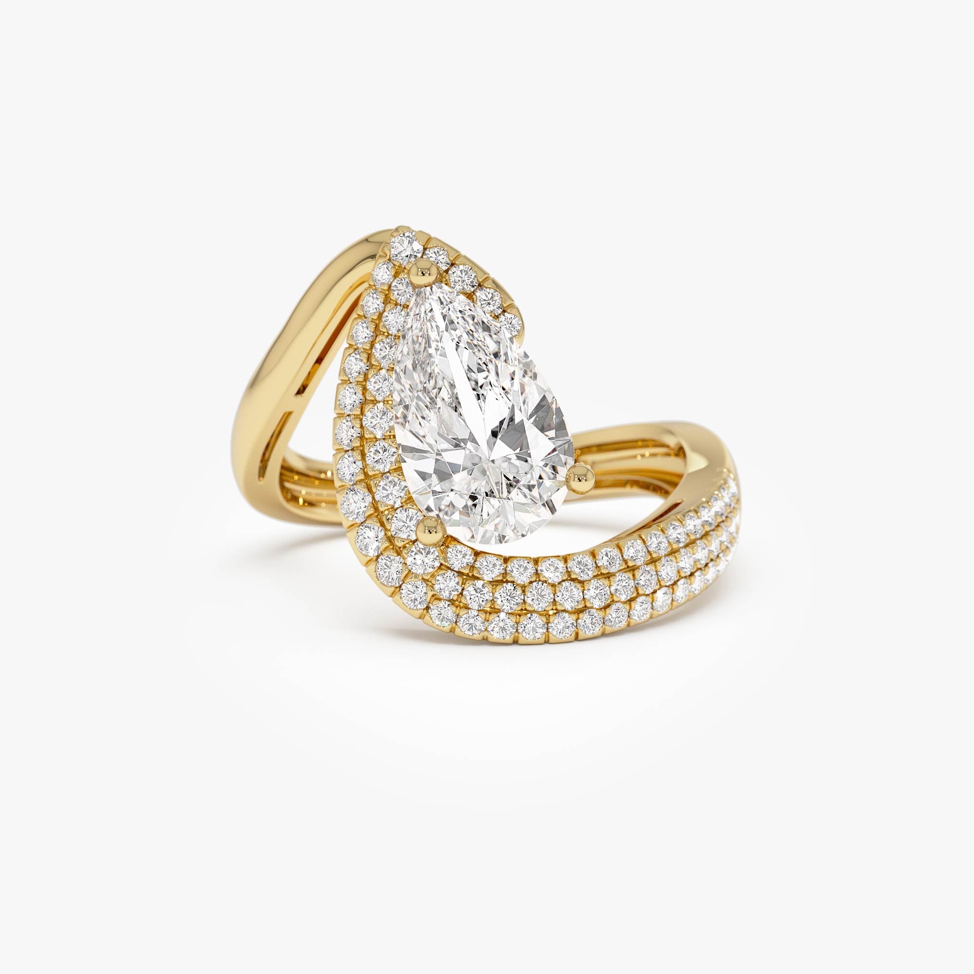 OBFJ0563 - 2.00 Ctw 14k Gold Lab Grown Pear Shaped Triple Row Pave Band Engagement Ring - Chiara 1