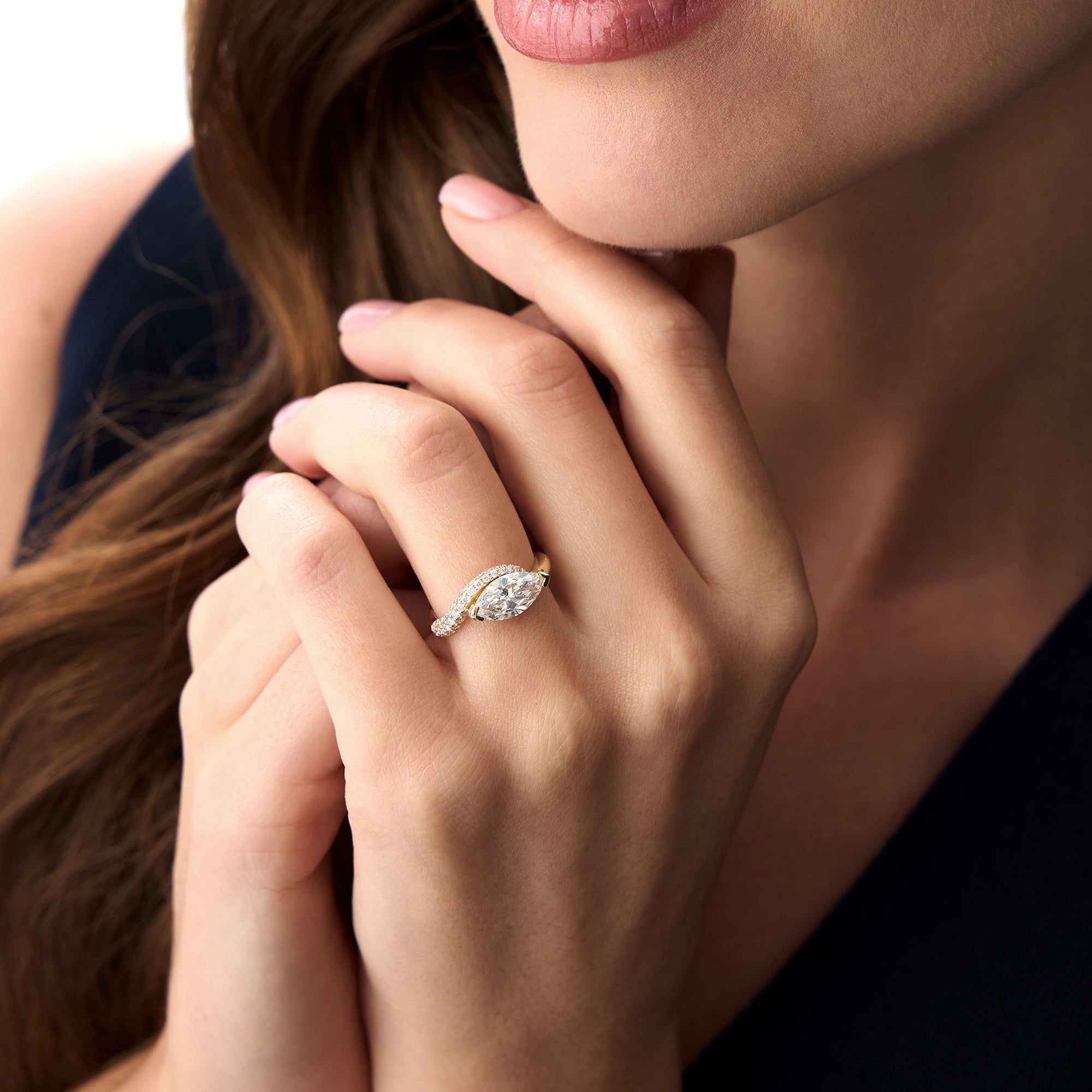 OBFJ0028 - 1.55 Ctw Lab Grown Marquise Shaped Curved Pavé Band Engagement Ring - Livia - 14k Gold 6