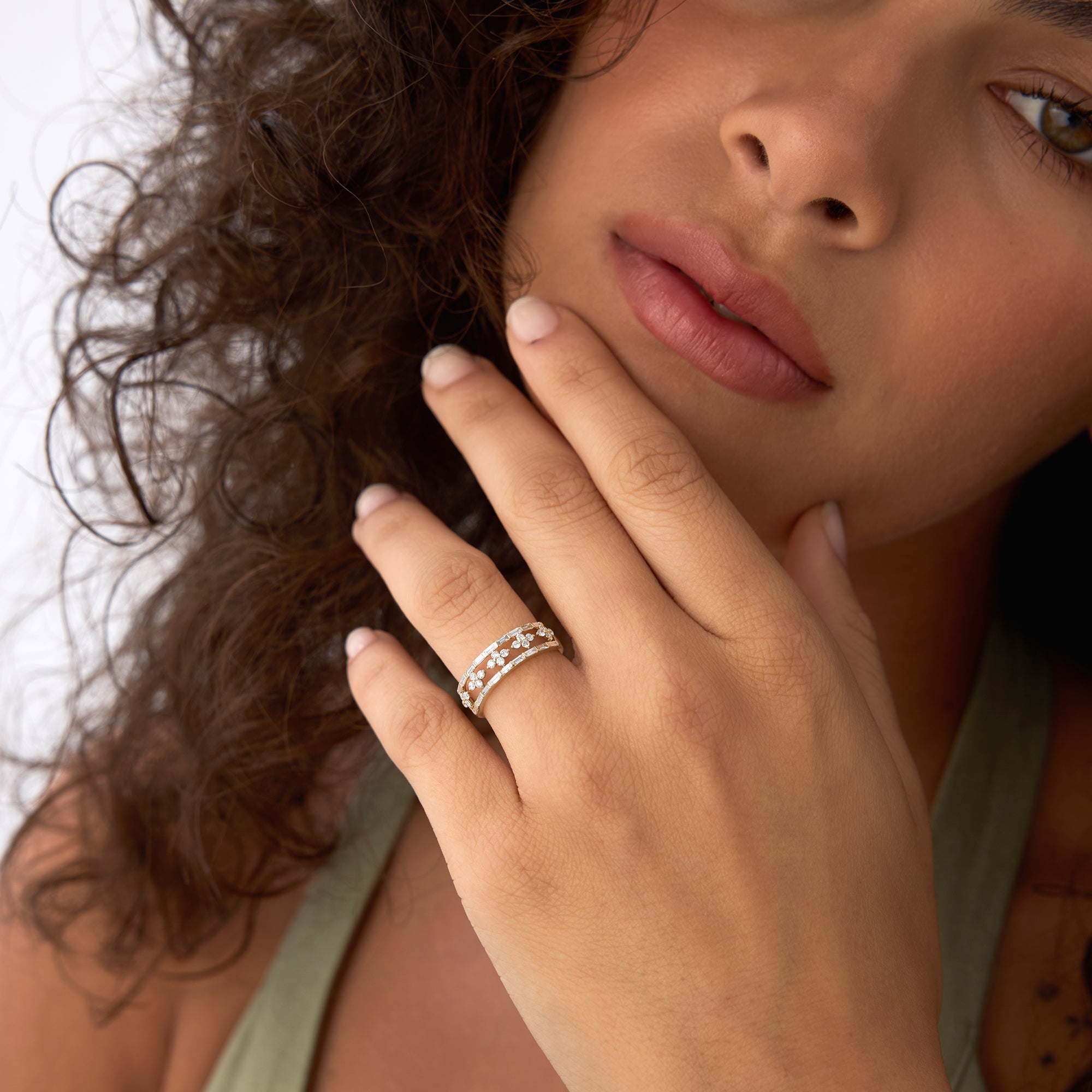 OBFJ0006 - Wide Band Ring with Baguette and Round Diamond Cluster Accents - 14k Gold 4