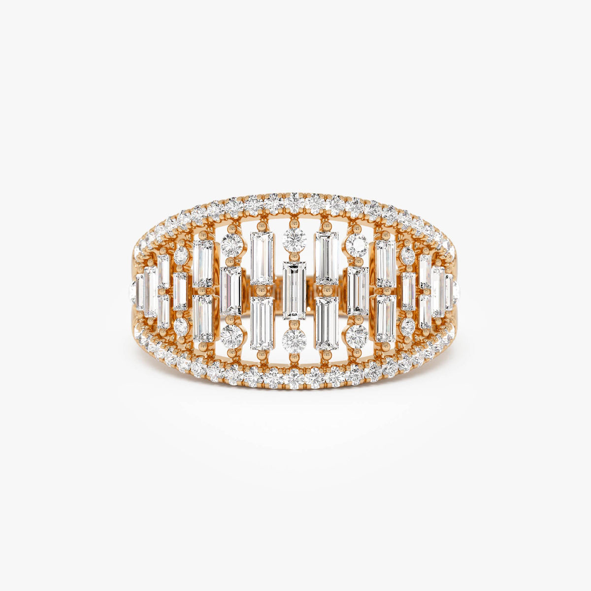 OBFJ0626 - Multi Row Baguette Diamond Statement Ring ring in selectable metal and diamond options - Roselle Jewelry view 6