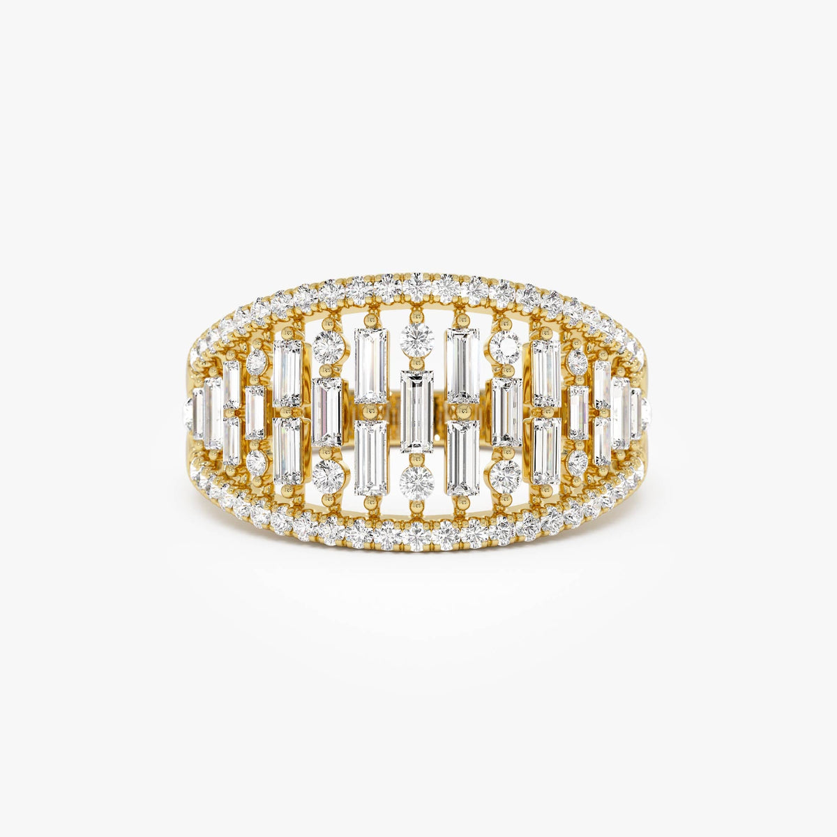 OBFJ0626 - Multi Row Baguette Diamond Statement Ring ring in selectable metal and diamond options - Roselle Jewelry view 1