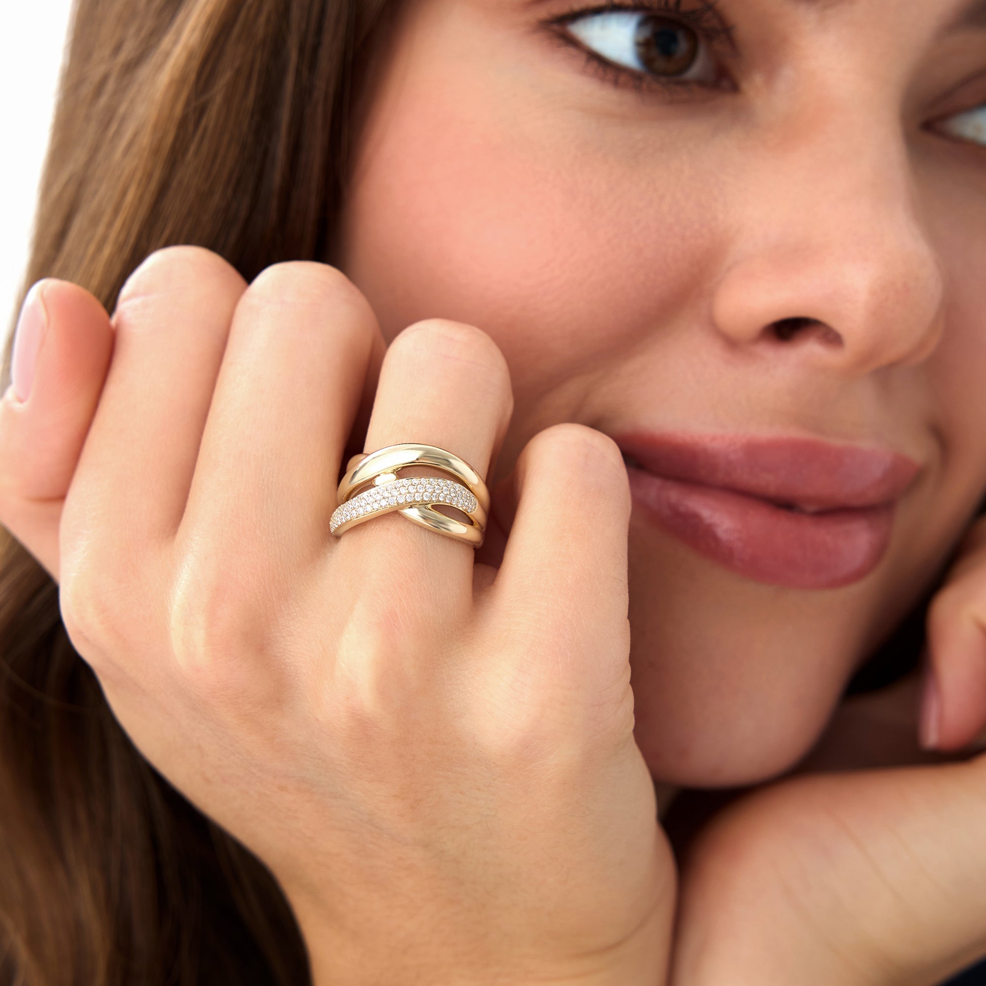 OBFJ0501 - 14k Gold Triple Band Crossover Diamond Statement Ring 3