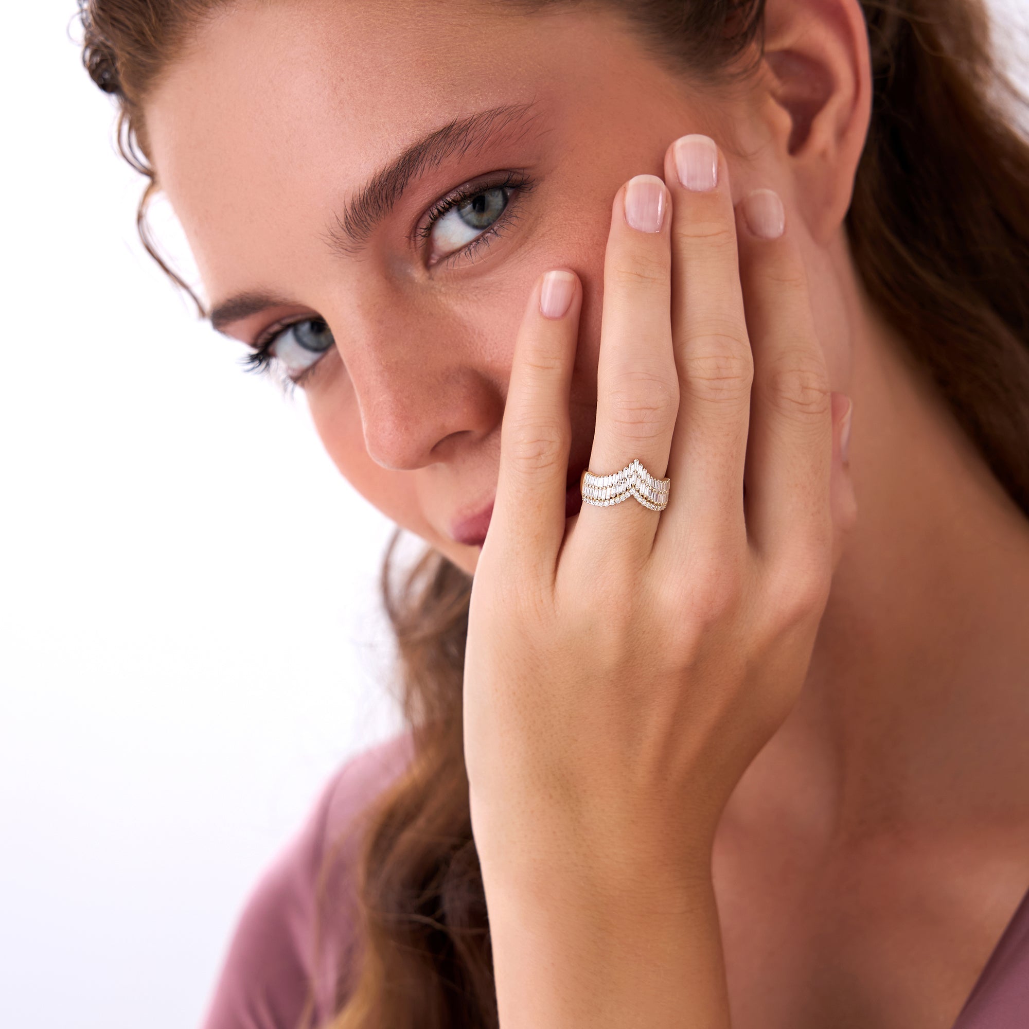 OBFJ0619 - 14k Baguette and Round Diamond Chevron Statement Ring 6