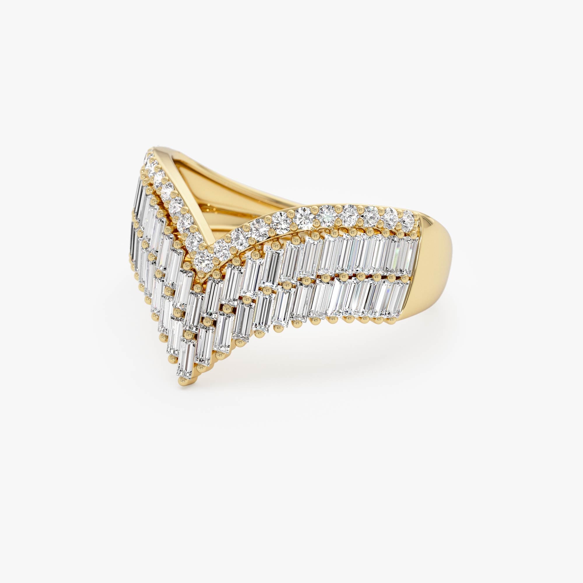 OBFJ0619 - 14k Baguette and Round Diamond Chevron Statement Ring 9