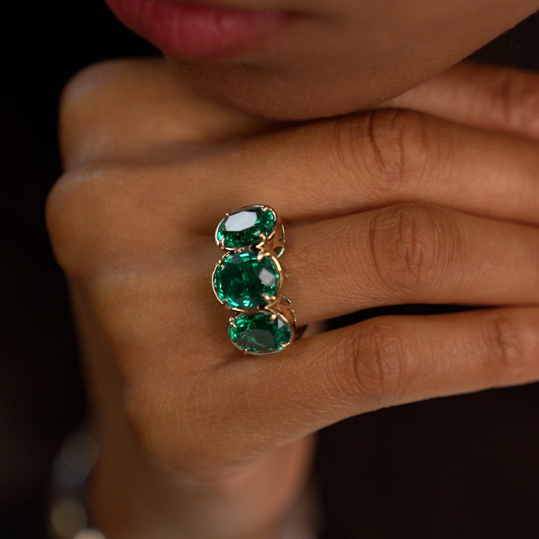OBFJ0029 - 9.15 Ctw Lab Grown Colombian Emerald Three Stone Ring - Thea - 14K Gold 2