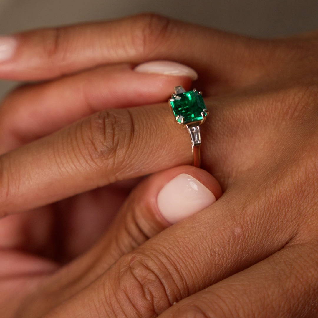 OBFJ0372 - 2.35 Ctw 14k  Asscher Cut Lab Grown Colombian Emerald and Baguette Diamond Ring - Lena 3