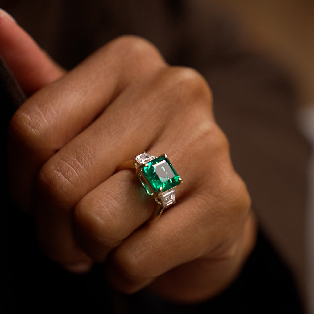 OBFJ0375 - 6.00 Ctw Lab Grown Colombian Emerald and Trapezoid Diamond Three Stone Engagement Ring - Demi 3