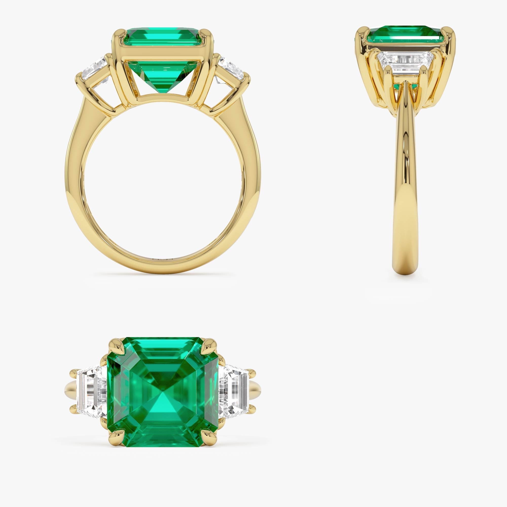 OBFJ0375 - 6.00 Ctw Lab Grown Colombian Emerald and Trapezoid Diamond Three Stone Engagement Ring - Demi 11