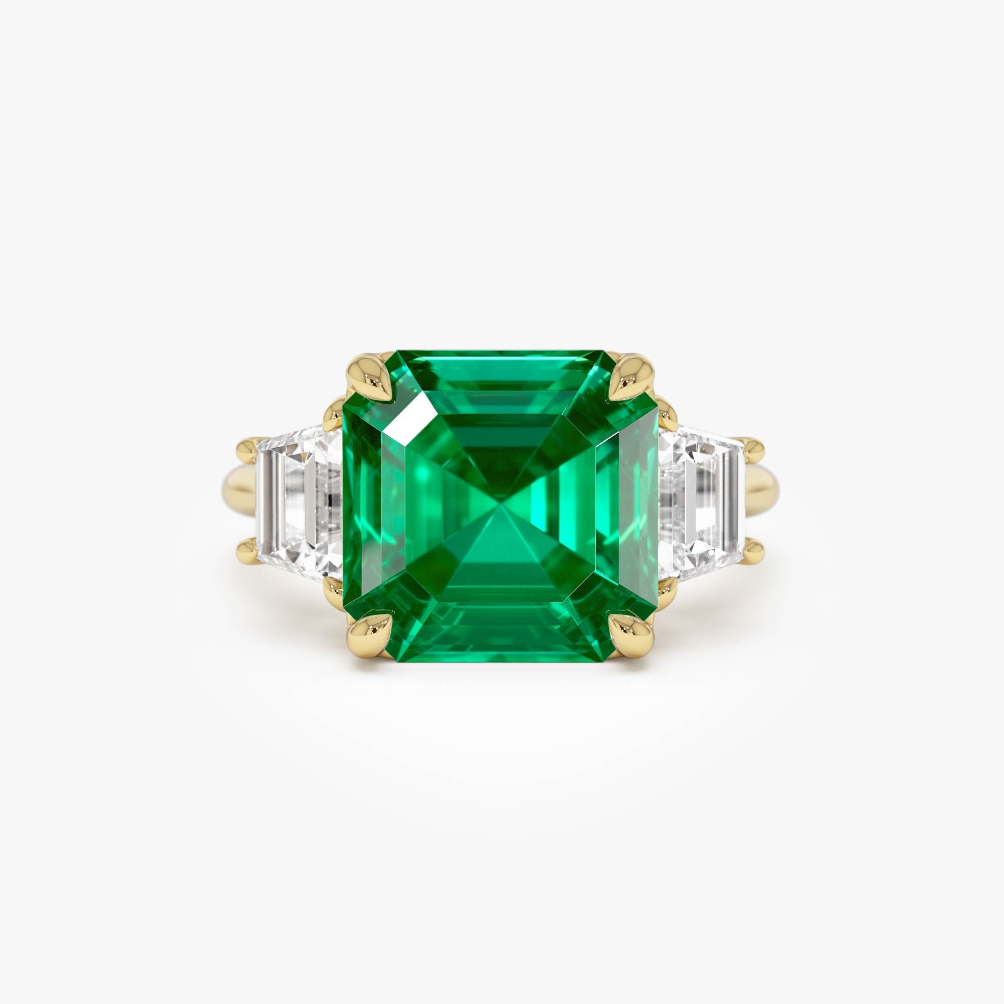 OBFJ0375 - 6.00 Ctw Lab Grown Colombian Emerald and Trapezoid Diamond Three Stone Engagement Ring - Demi 1